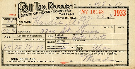 Poll tax receipt from Tarrant County for Alton Young Hardie, 1933