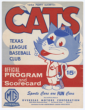 An image of the cover of a Fort Worth Cats baseball official program and scorecard dated 1964
