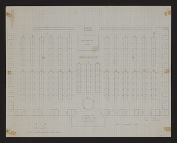 Pencil sketch on graph or gridline paper showing the main law library space on the fourth floor of the 1895 Courthouse. Drawings include an estimated 6,000 linear feet of shelf space, desks, seating, and reference desk.