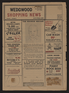 Front page of Wedgwood Shopping News newspaper, featuring a short article on Ed Ambrister of Ambrister's Wedgwood Hardware, as well as coupons for various local businesses.