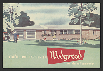 Color illustration shows the front exterior of a 1950s ranch house. A man is exiting a car in the driveway while a boy and dog run across the grass towards him. A woman is standing next to a planter box extending horizontally from the front entryway.