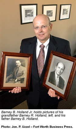Barney B. Holland Jr. holds pictures of his grandfather Barney R. Holland, left, and his father Barney B. Holland.