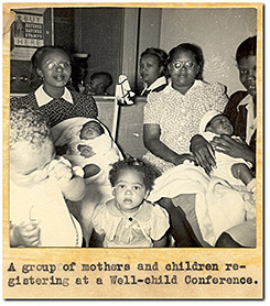 A group of mothers and children registering at a well-child conference