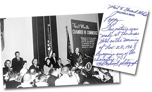 Chamber of Commerce breakfast honoring U.S. President John F. Kennedy, and handwritten note