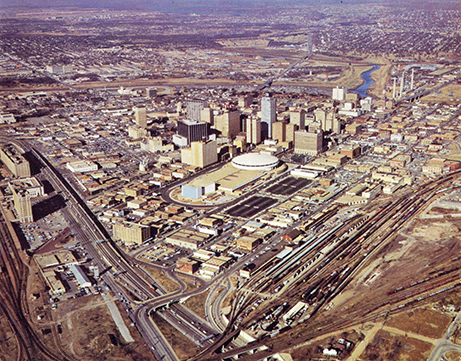 Aerial view of downtown Fort Worth and Convention Center, 1979