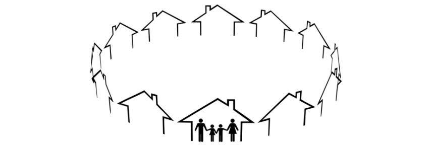 Family in circle of houses