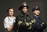 Picture of first responders, Doctor, Fireman, and Police Officer