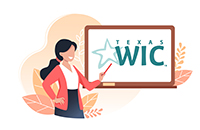 graphic - woman teacher at white board, WIC logo on board