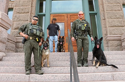 Narcotics Division K9 Unit on steps of a building
