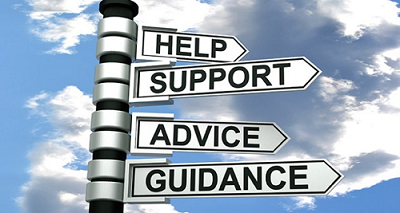 Image of a sign with the words help, support, advise, and guidance, against a cloudy blue sky.