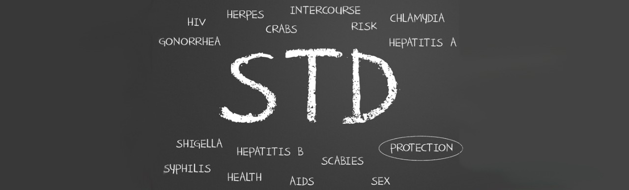 black board with STD in large letters, and sample STD diseases written around it