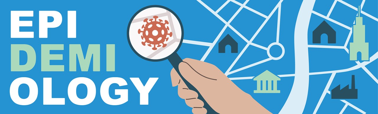 graphic of hand holding magnifying glass over a city map observing a disease microbe; text Epi (upon), Demi (people) Ology (study)