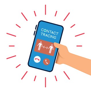 graphic of hand olding cellphone with image showing Contact Tracing text, silouettes of two individuals with arrows between them pointing to each other, and a handset facing down, and a handset facing up
