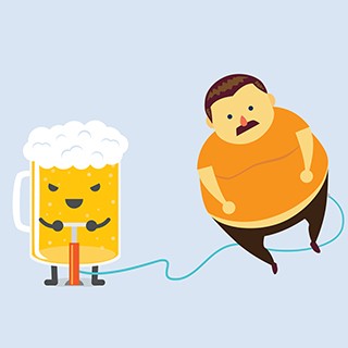 Cartoon man being made fat by a beer 