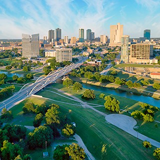 The city of Fort Worth, aerial view