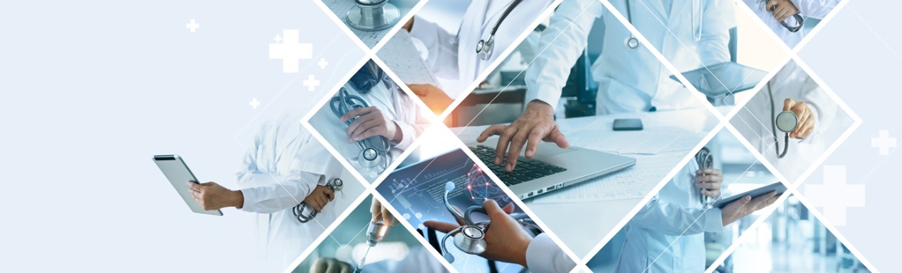series of health-related images, hands holding or touching computer, lap top, ipdads, stethescope
